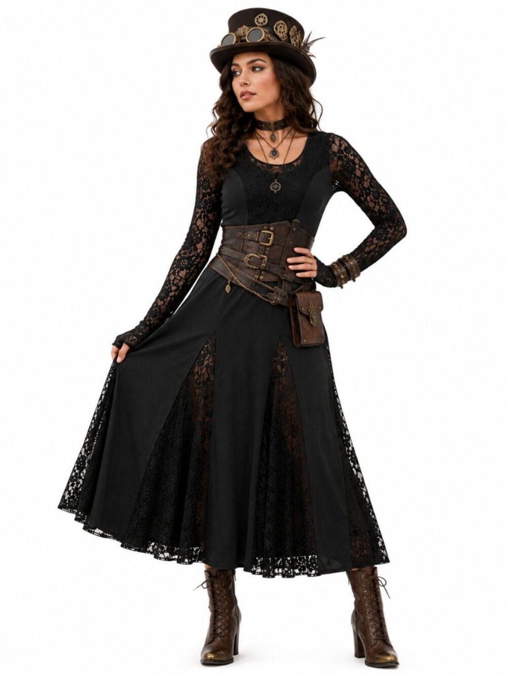 Black Lace Maxi Dress Gothic Renaissance Faire Steampunk Halloween Costume Sz L